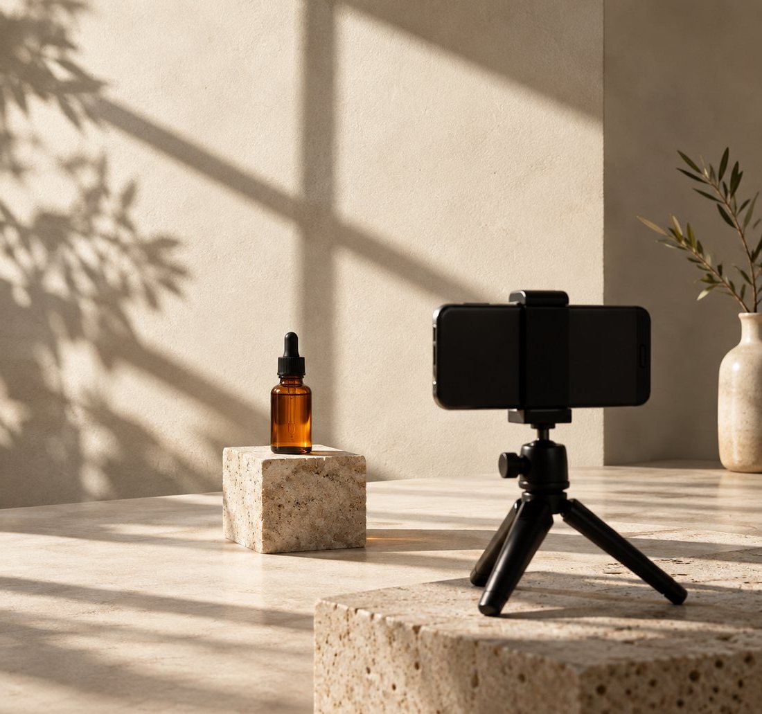 Epnex Creative Studio: tripoddaki telefon, taş kaide üzerindeki amber serum şişesini çekiyor