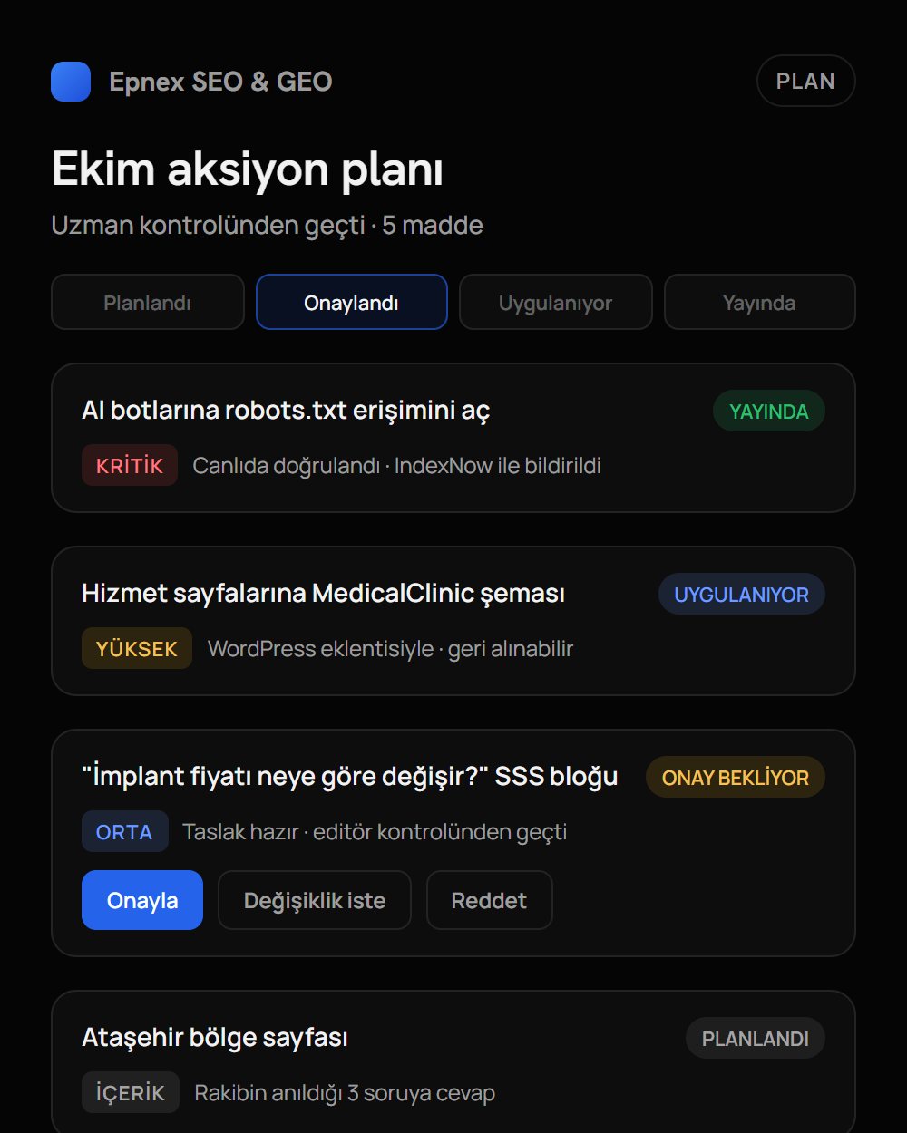 Epnex SEO & GEO action plan screen: items that are live, being applied and awaiting approval (sample data, Turkish interface)
