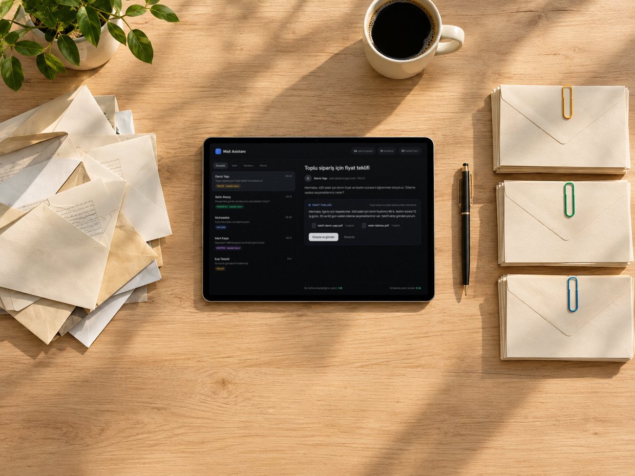 Epnex Mail Assistant: a messy pile of envelopes, a tablet showing reply drafts, and three neat stacks sorted with coloured clips
