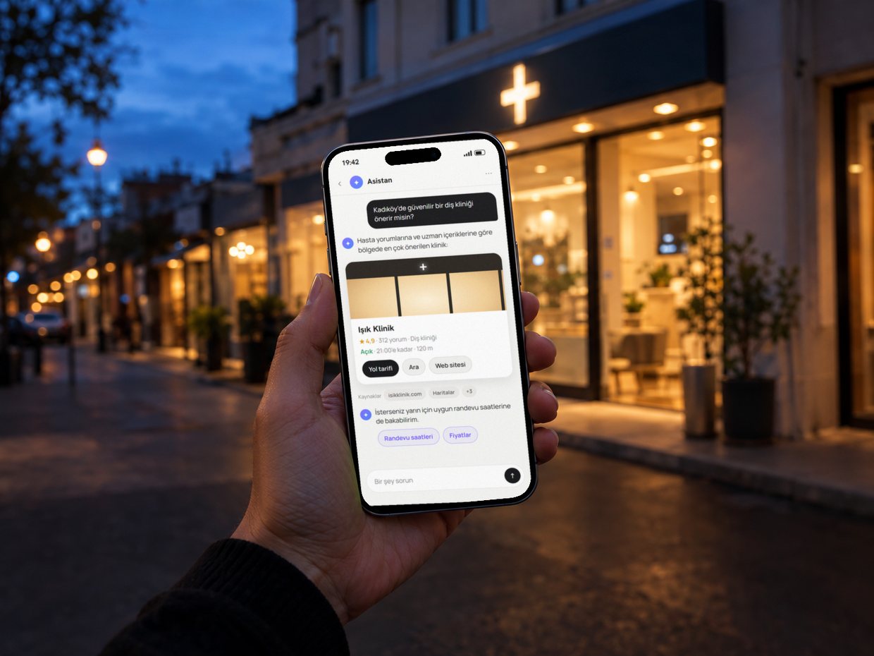Epnex SEO & GEO: a phone held on an evening street, where an AI assistant recommends the clinic right behind it